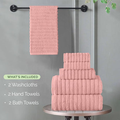 Elegant Comfort 100% Turkish Cotton Corduroy Ribbed Luxury Bath Towels 6-Piece Set, Premium Feel - Quick Dry, Highly Absorbent, Contains 2 Bath Towels, 2 Hand Towels, and 2 Washcloths, Dusty Rose