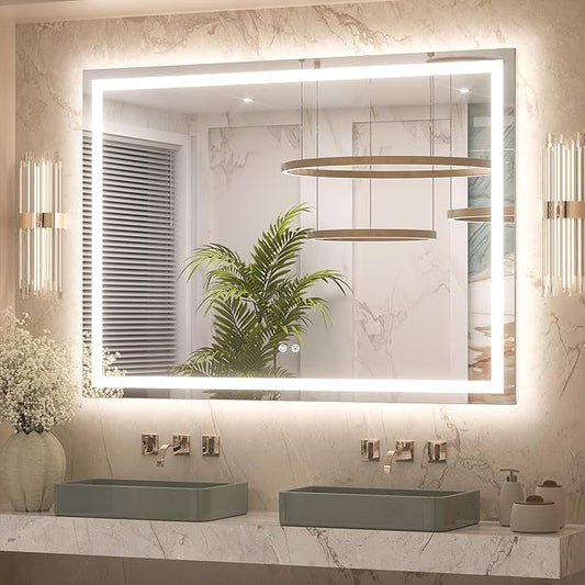 Keonjinn 48" x 36" Lighted Mirror for Bathroom Wall, LED Mirror with Frontlit & Backlit, Bathroom Mirror with Lights, Dimmable 3-Color Lights, HD Tempered Glass, UL-Listed LED Driver