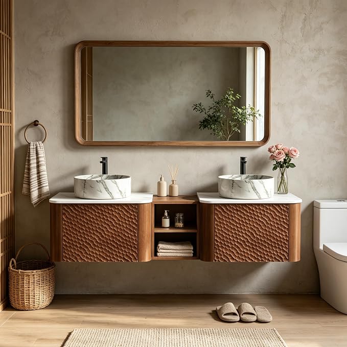 60 Inch Double Vanity with Sink Set, Floating Bathroom Sink Cabinet with Sintered Stone Top&Solid Wood Hammered Frame, Double Bathroom Vanities w/Soft-Close Drawers&1 Side Open Cube