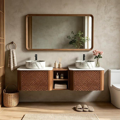 60 Inch Double Vanity with Sink Set, Floating Bathroom Sink Cabinet with Sintered Stone Top&Solid Wood Hammered Frame, Double Bathroom Vanities w/Soft-Close Drawers&1 Side Open Cube