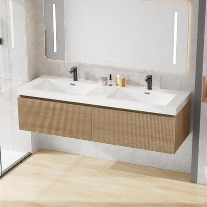 60 Inch Floating Bathroom Vanity with Double Sink, Modern Oak Wall Mounted Floating Vanity with Glossy Resin Sink and 2 Soft Closing Drawers, Fully Pre Assembled Bathroom Vanity, Natural Oak