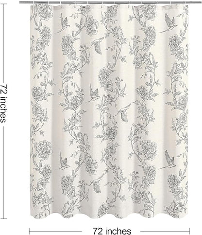 MitoVilla Grey Farmhouse Shower Curtain Set, Cotton Floral Hummingbird Cottagecore Spring Shower Curtains for Bathroom, Modern Country Bathroom Décor, 72" W x 72" L