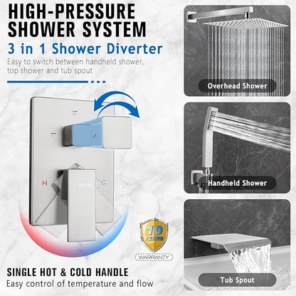 12 Inch Rainfall Shower System with Tub Spout Wall Mounted Complete Combo with Solid Brass Pressure Balancing Valve, High Pressure Shower Head, Handle Set & Installation Accessories