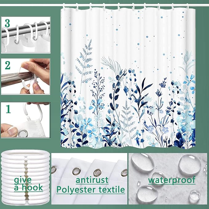Botanical Shower Curtain - Blue, Waterproof with 12 Hooks (72" x 72")