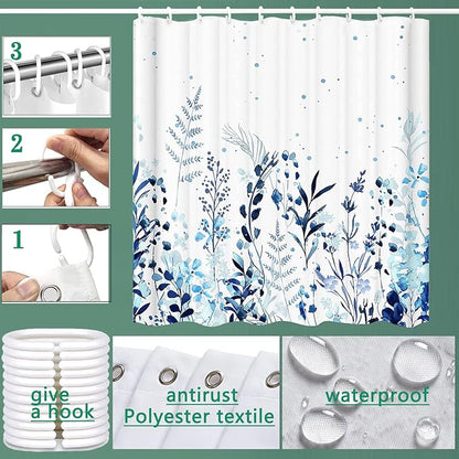 Botanical Shower Curtain - Blue, Waterproof with 12 Hooks (72" x 72")