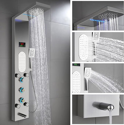 ELLO&ALLO LED Shower Panel Tower System, Rainfall and Mist Shower Head Rain Massage with Body Jets, Brushed Nickel