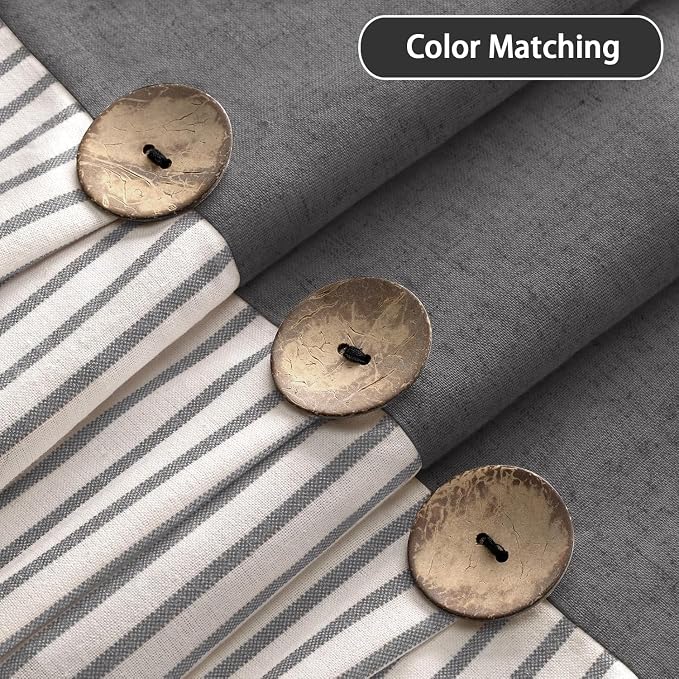 Farmhouse Shower Curtain Button Grey-Grey Stripe 72" W x 72" L | Farmhouse Style, Chic Button, Striped, Linen Fabric, Rustic, Country, Natural Look, Washable, for Bathroom Bathtub