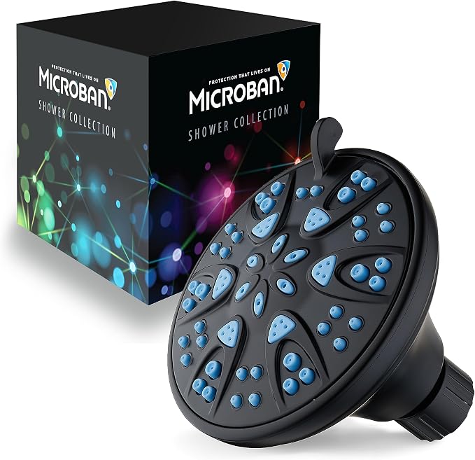 AquaDance Antimicrobial – Anti-Clog High-Pressure 6-Setting Head with Microban Nozzle Protection from Growth of Mold, Mildew & Bacteria for Stronger Shower 4", Aqua Blue Jets – 1.8 GPM