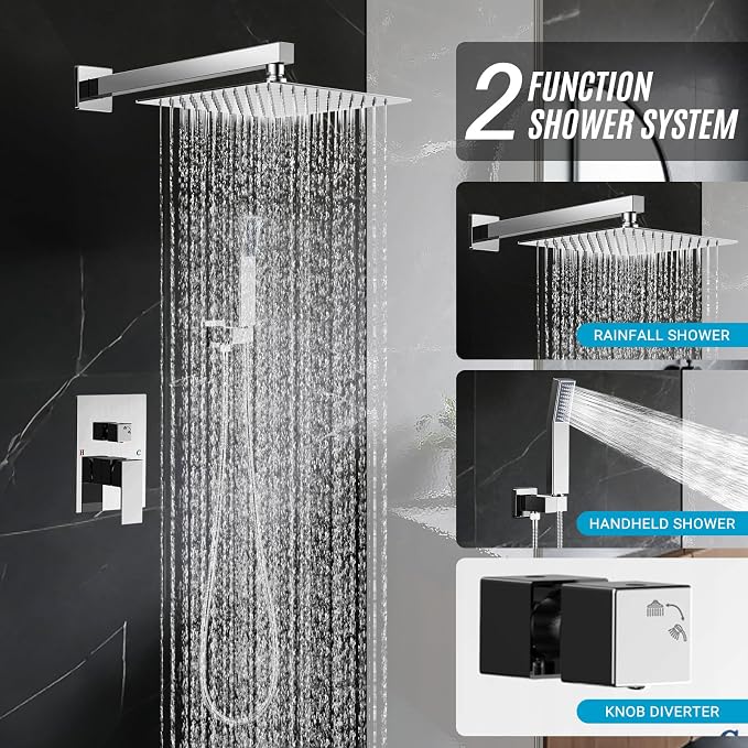 10" Square Rain Shower Faucet Set, Wall Mount, Chrome | 304 SS, air tech boosts pressure 50%, dual spray, anti-fingerprint