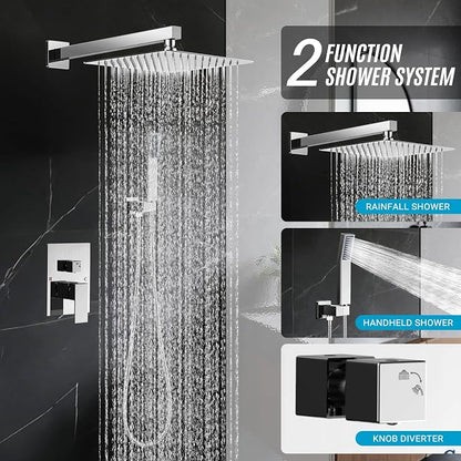 10" Square Rain Shower Faucet Set, Wall Mount, Chrome | 304 SS, air tech boosts pressure 50%, dual spray, anti-fingerprint