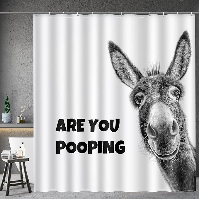Aimego Funny Donkey are You Pooping Shower Curtain Novelty Hilarious Whimsical Rustic Farmhouse Black and White Bathroom Bath Decor Bathtub Curtain Fabric Shower Curtain Set with 12 Hooks, 72"x72"