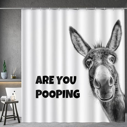 Aimego Funny Donkey are You Pooping Shower Curtain Novelty Hilarious Whimsical Rustic Farmhouse Black and White Bathroom Bath Decor Bathtub Curtain Fabric Shower Curtain Set with 12 Hooks, 72"x72"