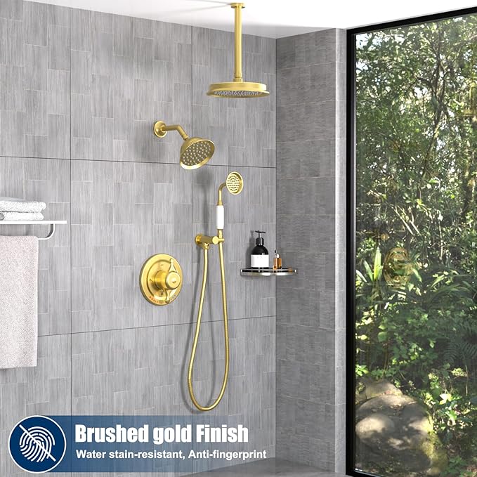 Antique Brass Shower System, 9" & 6" Dual Rain Heads and Handheld Spray Vintage Fixtures, 3-Function Dual Knob Valve with Separate Temperature Control, Brused Gold