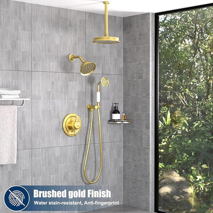 Antique Brass Shower System, 9" & 6" Dual Rain Heads and Handheld Spray Vintage Fixtures, 3-Function Dual Knob Valve with Separate Temperature Control, Brused Gold