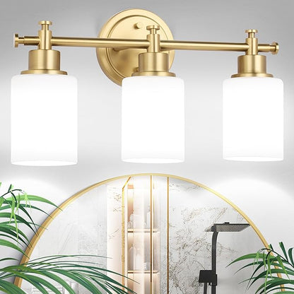 3-Light Gold Bathroom Vanity Light Fixtures, Brushed Gold Wall Sconce, Champagne Gold Vanity Light with Milky White Glass Shade Over Mirror, Bathroom, Bedroom, Modern Style, E26 Base | Champagne Gold Vanity Light Over Mirror with Milky White Glass Shad...