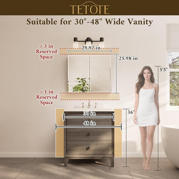 30 x 26 Bathroom Mirror with Storage with Tempered Beveled Mirror Black Medicine Cabinet Aluminum Cabinet DTC Hinges, Stepless Adjustable Shelves, Recessed/Surface-Mounted