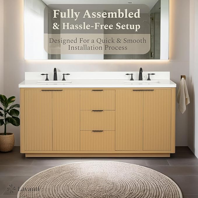 Lavanti Wooderna 72 Inch Bathroom Vanity with Sink – Stylish Firwood Oak Vanity Bathroom with Storage Cabinet – Modern Bathroom Vanities with Double Vanity Sink & Quartz Countertop