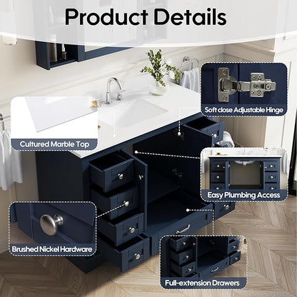 WELLFOR 48" Bathroom Vanity with Sink, Bathroom Freestanding Vanity W/ 2 Soft-Close Doors and 9 Soft-Close Drawers, Bathroom Cabinet Vanity with Cultured Marble Countertop (Navy Blue)