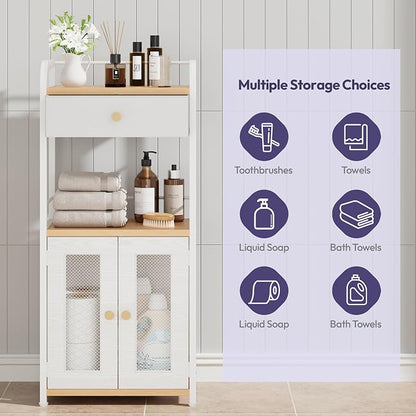 SWTYMIKI 14.57"x32.28" Bathroom Storage Cabinet – Freestanding Storage Cabinet with Doors and Drawer, Bathroom Organizers and Storage for Small Spaces – Ideal for Towels and Toiletries, Natural