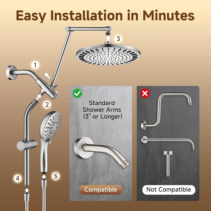 BRIGHT SHOWERS Rain Shower System with Handheld, High Pressure Dual Shower Head Combo, Power Wash, 9 Spray Modes, Adjustable Slide Bar & Extension Arm, 3-Way Diverter, 69" Long Hose, Brushed Nickel