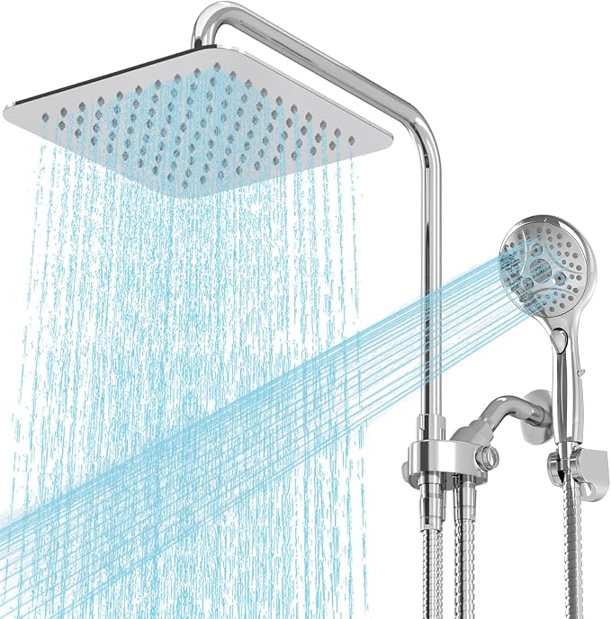 High Pressure Rain Shower Head Combo: Upgrade Dual Shower Head,10" Fixed Rainfall Showerhead,7 Spray Handheld Shower Heads,Adjustable Bar(Up to 13.4"),71" Hose,Tall People Friendly,Chrome