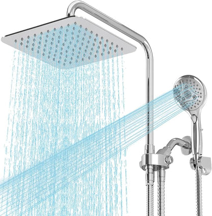 High Pressure Rain Shower Head Combo: Upgrade Dual Shower Head,10" Fixed Rainfall Showerhead,7 Spray Handheld Shower Heads,Adjustable Bar(Up to 13.4"),71" Hose,Tall People Friendly,Chrome