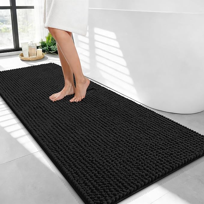 OLANLY Thick Chenille Bathroom Runner Rugs 44x24, Absorbent Bath Mat, Black | Soft Bath Rugs, Rubber Backing, Machine Wash Dry, Bath Mats for Bathroom, Tub and Shower, Home Decor Accessories