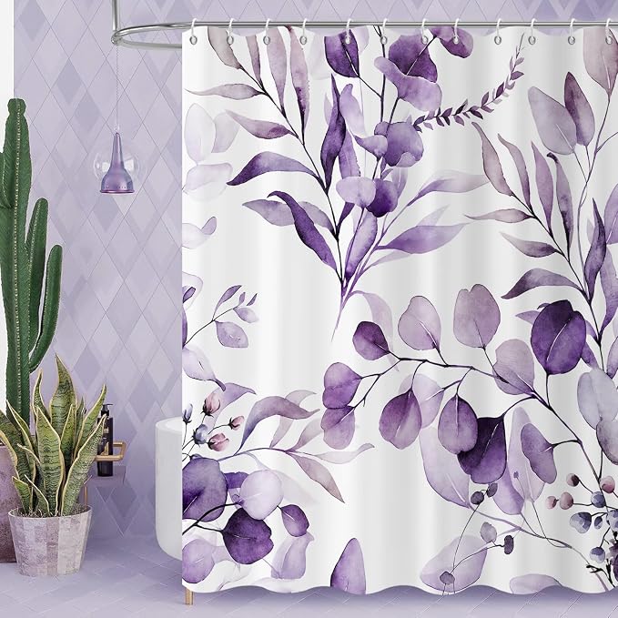 Purple Shower Curtain, Watercolor Eucalyptus Leaves Botanical Plants with Floral Bathroom Curtain Home Bathtub Decor Waterproof Fabric Machine Washable with 8 PCS Hooks,48" Wx72 L