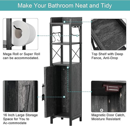 VECELO Small Bathroom Cabinet,Slim Toilet Paper Holder with Door&2 Shelves, Upgraded Narrow Storage Organizer for Restroom Bathroom Tiny Space,Metal Scroll Fenced Top Waterproof Coating,Gray