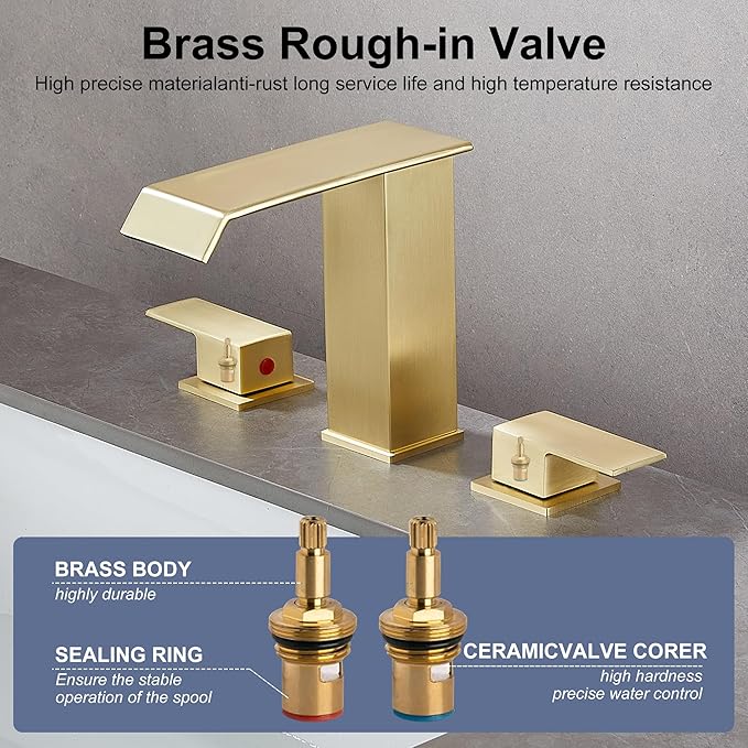 Bathroom Faucet 8 inch 3 Hole 2 Handle Widespread Bathroom Sink Faucet Brushed Gold Waterfall with Pop Up Drain Stopper Water Supply Hoses Modern Vanity Lavatory Basin Brass Commercial