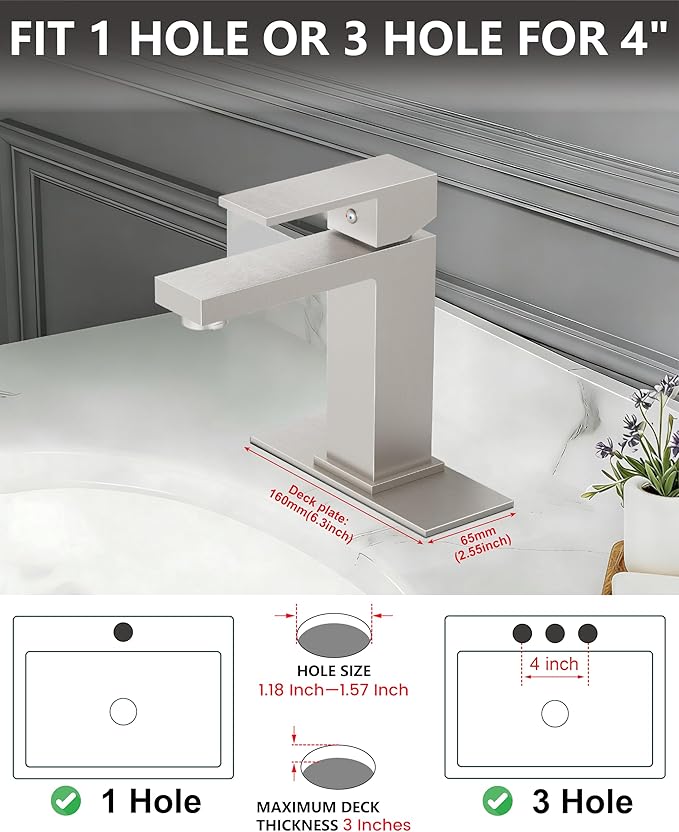 Midanya Bathroom Faucets 1 Hole, Single Handle Stainless Steel Bathroom Sink Faucet, Modern Vanity Faucets with Deck Plate,Water Supply Hoses and Pop Up Drain,Brushed Nickel