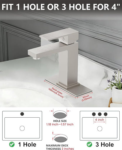 Midanya Bathroom Faucets 1 Hole, Single Handle Stainless Steel Bathroom Sink Faucet, Modern Vanity Faucets with Deck Plate,Water Supply Hoses and Pop Up Drain,Brushed Nickel