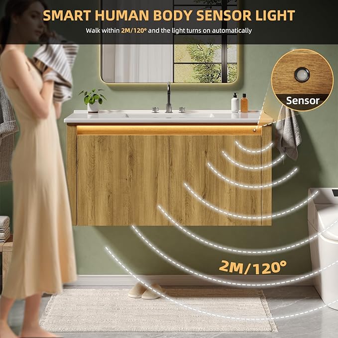 ONBRILL Modern Bathroom Vanity with Sink, Floating Bathroom Vanities with Auto Motion Sensor LED Light, 3 Hole Integrated Ceramic Basin & Soft Closing Doors for Small Space, Hotel (36",Nature)