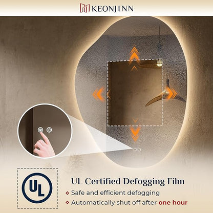Keonjinn Asymmetrical Backlit Mirror 30x40 Inch, Irregular LED Bathroom Mirror, Lighted Bathroom Mirror with Tempered Glass, UL-Listed LED Driver, Stepless Dimmable with 3 Colors, Horizontal/Vertical