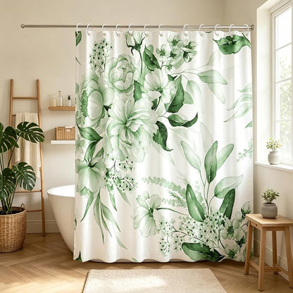 Floral Flower Green Shower Curtain with 12 Hooks,120GSM 72x72 | CHIC BATH DECOR: Features watercolor abstract design; waterproof green shower curtain set with 12 plastic hooks