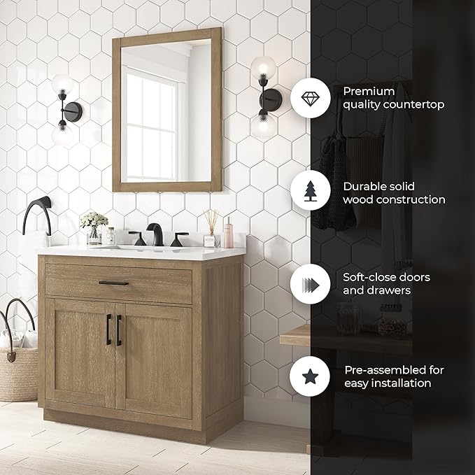 OVE Decors Bailey 36 in. Single Sink Freestanding Driftwood Oak Bathroom Vanity with White Quartz Top and Matching Backsplash