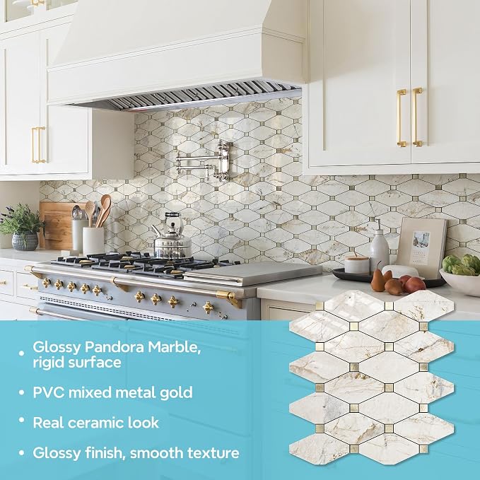 STICKGOO 1 Sheet Peel and Stick Backsplash, Glossy Pandora Marble | Marble Kitchen Backsplash, Stick on Wall Tiles, For Kitchen, Bathroom, RV, Fireplace