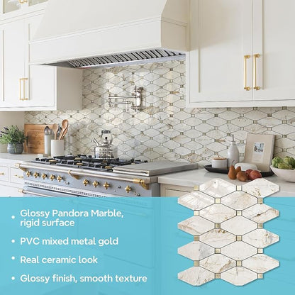 STICKGOO 1 Sheet Peel and Stick Backsplash, Glossy Pandora Marble | Marble Kitchen Backsplash, Stick on Wall Tiles, For Kitchen, Bathroom, RV, Fireplace