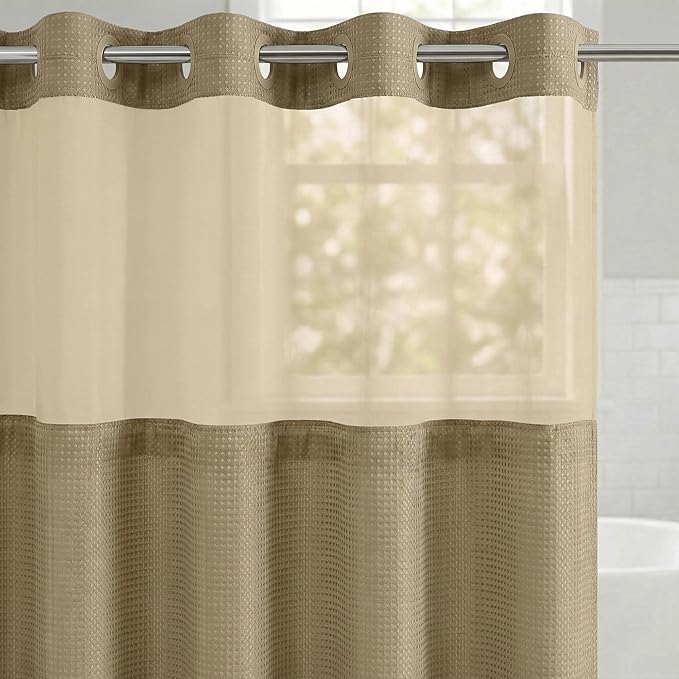 Americanflat 72x75 Hookless Waffle Pattern Shower Curtain - Water-Resistant Long Shower Curtain with Sheer Panel, Snap-in Liner, and Durable Grommets - 100% Polyester - Yellow