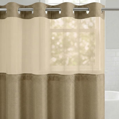 Americanflat 72x75 Hookless Waffle Pattern Shower Curtain - Water-Resistant Long Shower Curtain with Sheer Panel, Snap-in Liner, and Durable Grommets - 100% Polyester - Yellow