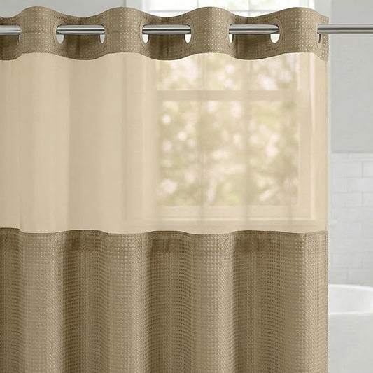 Americanflat 72x75 Hookless Waffle Pattern Shower Curtain - Water-Resistant Long Shower Curtain with Sheer Panel, Snap-in Liner, and Durable Grommets - 100% Polyester - Yellow