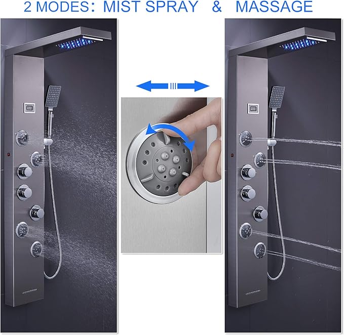 MENATT LED Shower Panel Tower System, 6 in 1 Stainless Steel LED Shower Column, Rainfall & Waterfall Head, Massage Jets, Tub Spout, Handheld Shower(Brushed)