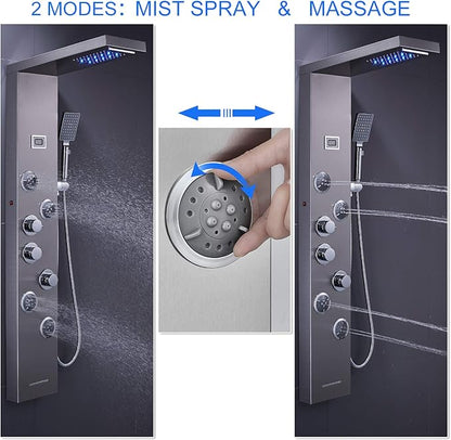 MENATT LED Shower Panel Tower System, 6 in 1 Stainless Steel LED Shower Column, Rainfall & Waterfall Head, Massage Jets, Tub Spout, Handheld Shower(Brushed)