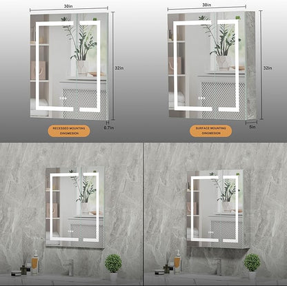 30x32 Bathroom Mirror LED Medicine Cabinet with Light 3 Colors, Recessed Surface Wall Mounted LED Medicine Cabinet, Anti-Fog Tempered LED Mirror with Storage, Stepless Dimming, 2 Outlets