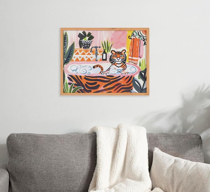 Kate and Laurel Bold Maximalist Tiger in Bubble Bath Framed Wall Art by The Creative Bunch Studio; 16x12 Natural; Cute Animal Bathroom Art for Wall
