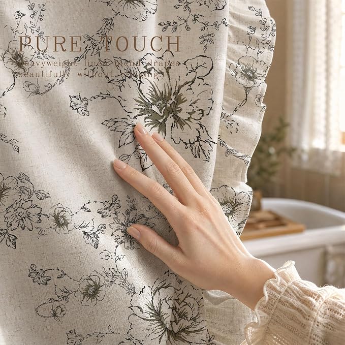 Farmhouse Floral Ruffle Shower Curtain for Bathroom | Vintage Black Linen Pattern Shower Curtains, Tan Taupe,72Wx72H