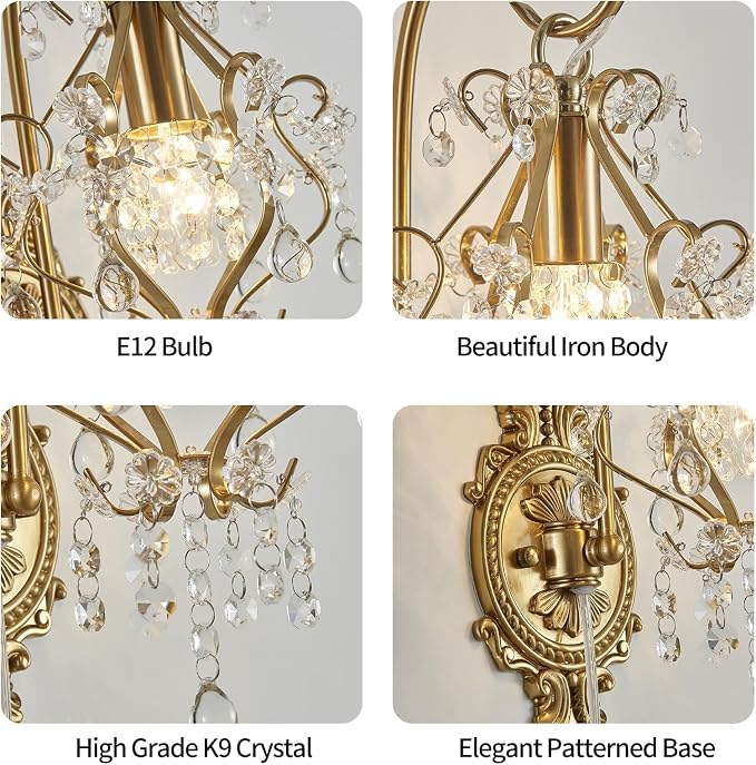 Plug in Cord Gold Crystal Vintage Indoor Wall Sconces Light Set of 2 | Modern Wall Mounted Lamp Light Fixture for Bedroom Living Room Bathroom Vanity Light Hallway Light Fixture Decor LED E12