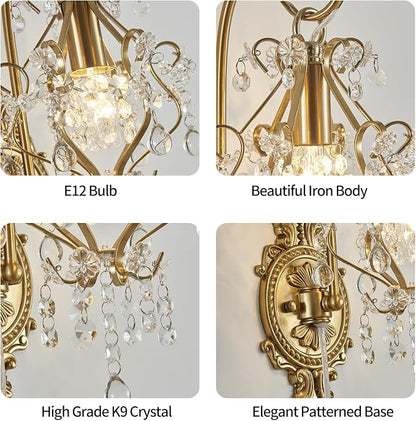 Plug in Cord Gold Crystal Vintage Indoor Wall Sconces Light Set of 2 | Modern Wall Mounted Lamp Light Fixture for Bedroom Living Room Bathroom Vanity Light Hallway Light Fixture Decor LED E12