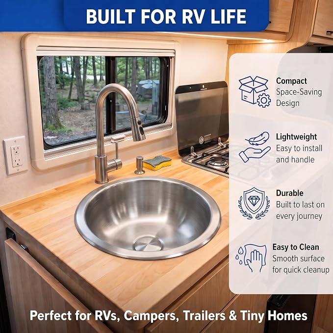 LQS 13 x 13 Inch RV Sink, Small Round Stainless Steel Drop-In Bar Sink | Small RV Bathroom Sink for Campers, Compact Camp Sink and Camping Sink with 5.31-Inch Deep Bowl and Drain Assembly