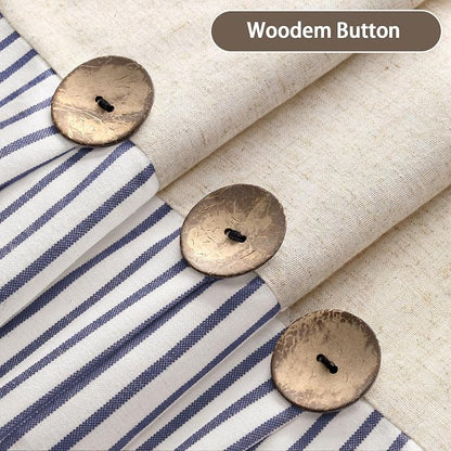 Farmhouse Shower Curtain Linen Button Blue Stripe 72" W x 72" L | Farmhouse Style, Chic Button, Striped, Linen Fabric, Rustic, Country, Natural Look, Washable, for Bathroom Bathtub